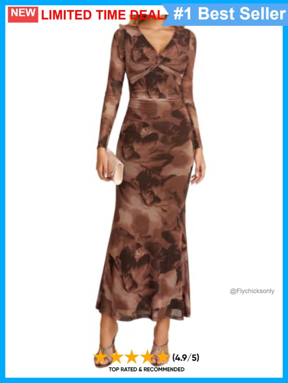 Women's Floral Long Sleeve Bodycon Maxi Dress V-Neck Wedding Guest